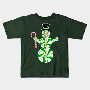 Spearmint Snowman with Striped Peppermint Candy Cane Kids T-Shirt